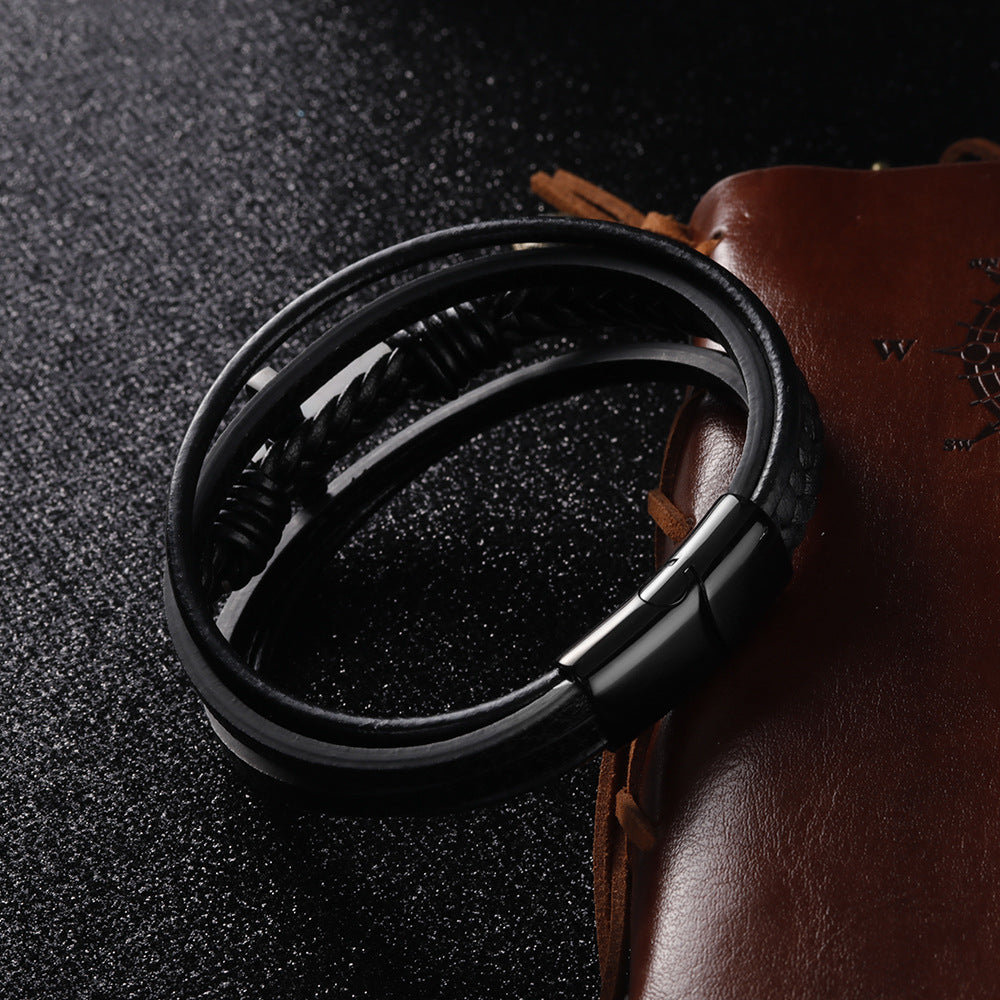 Stainless Steel Bracelet Men's Woven Simple Multilayer Leather
